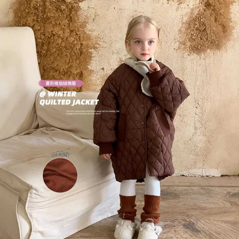 

Children's Mid-Length Fleece-Lined Thickened Cotton Jacket Winter New Stylish Quilted Cotton Coat for Young Children