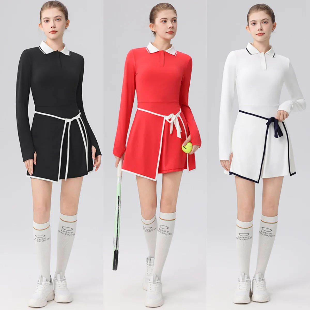 

Women's Outdoor Sports Dresses Long-Sleeve Tennis Dresses Lady Golf wear Fitness Yoga Running Quick Dry Pair with shorts suit