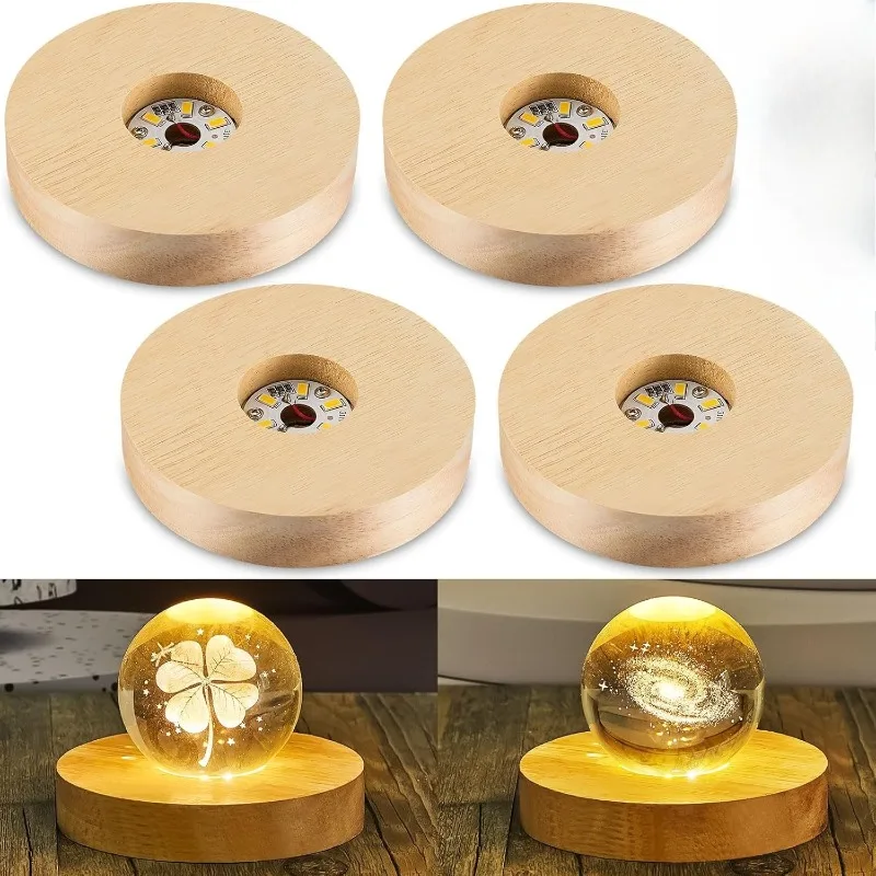 Battery Operated 8/10cm Round Wooden LED Light Dispaly Base Stand Holder Able Night Lamp Base Crystal Glass Resin Art Ornaments
