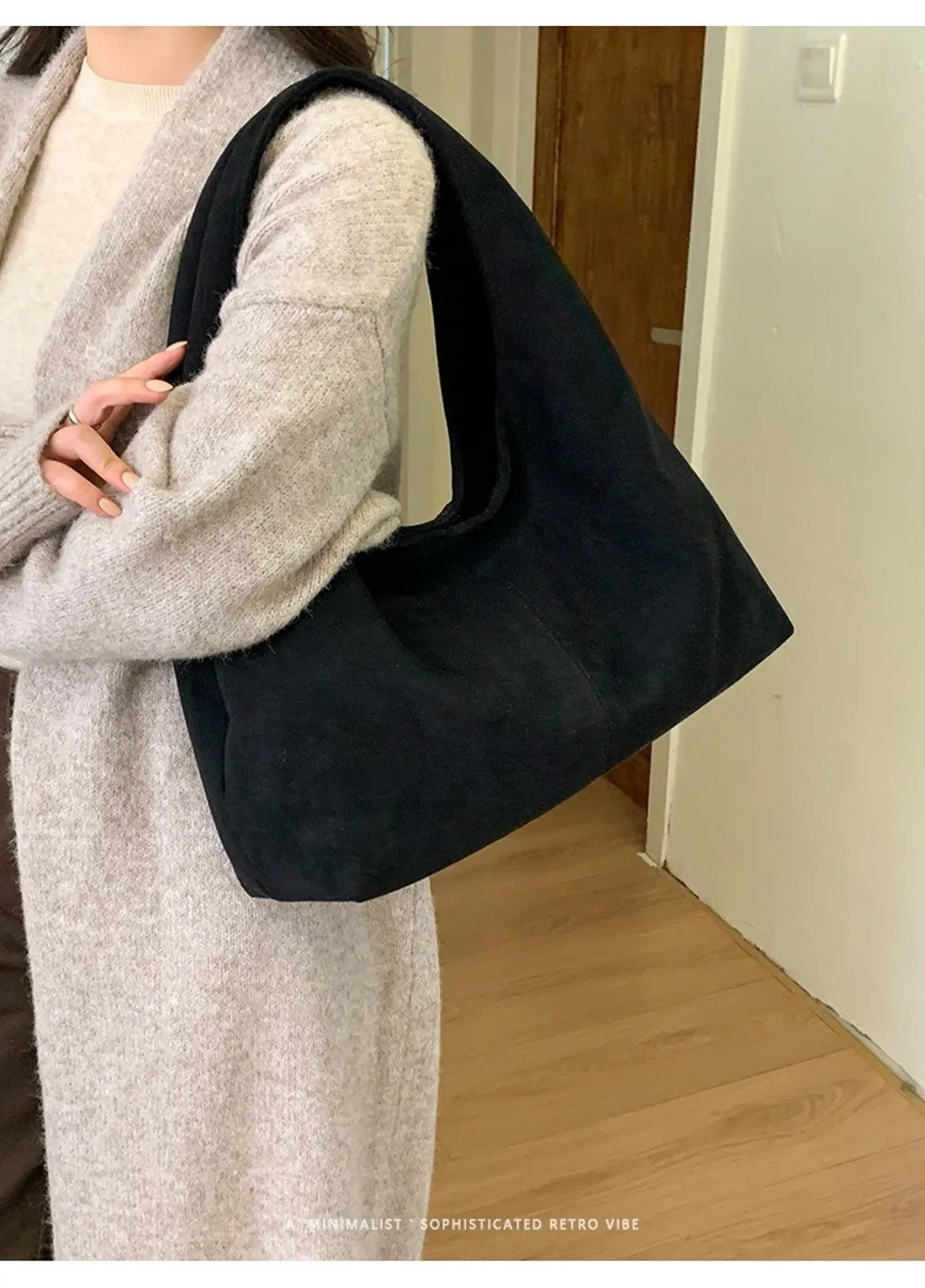Lässige Retro-Damen-Schultertasche aus Wildleder mit großem Fassungsvermögen, einfarbige Shopper-Tasche – Detail 16