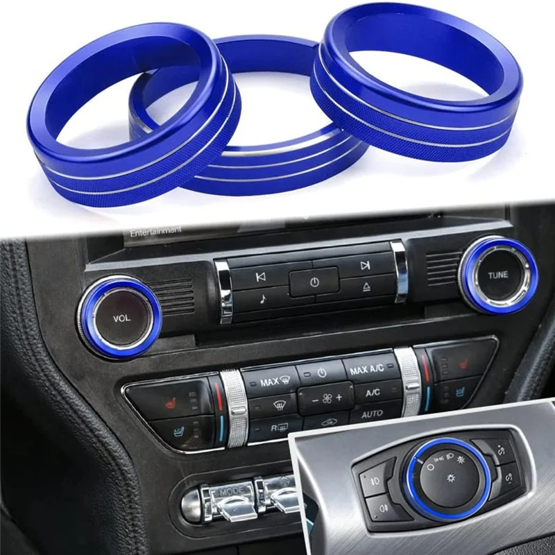 Dash Knobs Trim Ring for 2015-2021 Ford Mustang Volume Headlight Switches Tune Button Control Knob Cover, Blue 3PCS