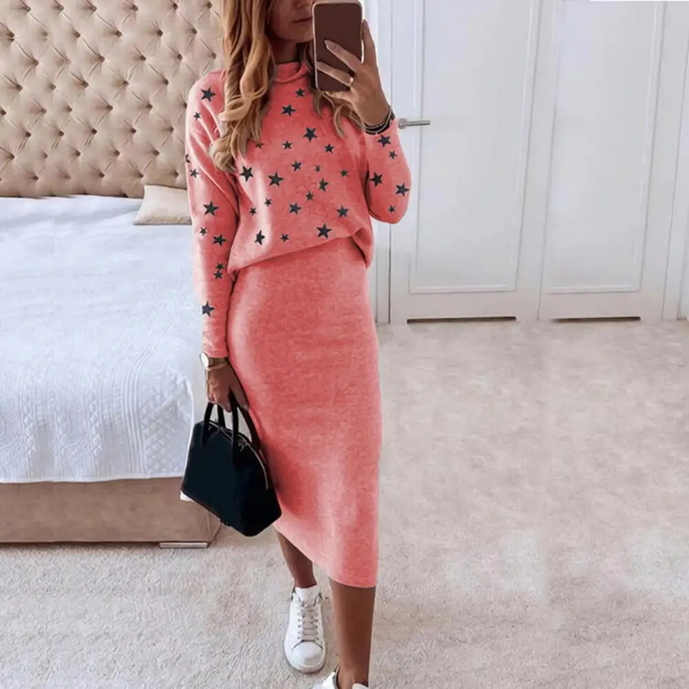 1 Set Blouse Skirt Five-pointed Star Print High Waist Autumn Winter Bodycon Pencil Skirt Suit Office Lady Outfit Streetwear