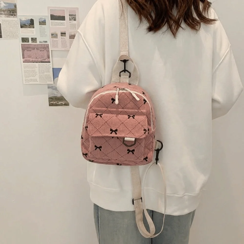 Sweet Corduroy Mini Backpack Bowknot Printed Lightweight Shoulder Bag Multi Layered Cosmetic Storage Bag Bow Rucksack Daily