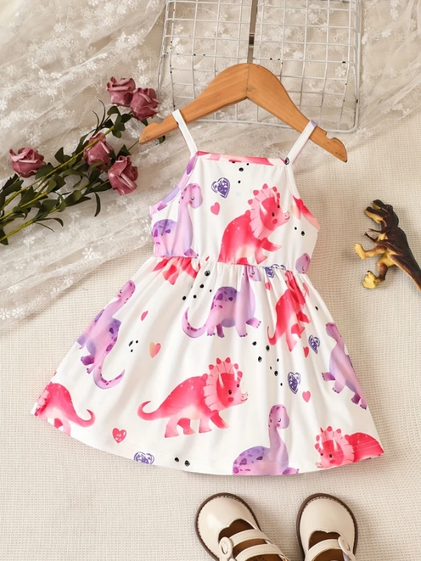 فستان بحزام سباغيتي جميل للفتيات | طباعة ديناصور وردي وأرجواني مع تنورة من التول - فستان بدون أكمام لعوب" #2