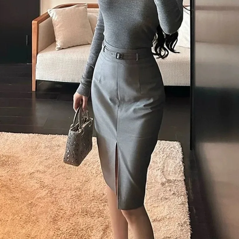 

High-Waisted Slimming Front Slit Blazer Skirt For Women Autumn Winter Elegant Mid-Length With Belt Bodycon Skirt Business Attire