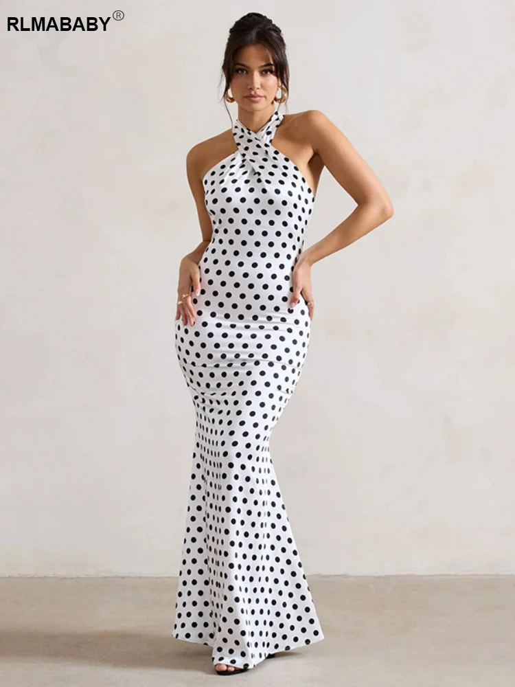 RLMABABY Elegante Polka Dot Backless Vrouwen Bodycon Maxi Jurk Sexy Halter Uitgesneden Mouwloze Party Hotti Meisje Lange Slanke Jurk