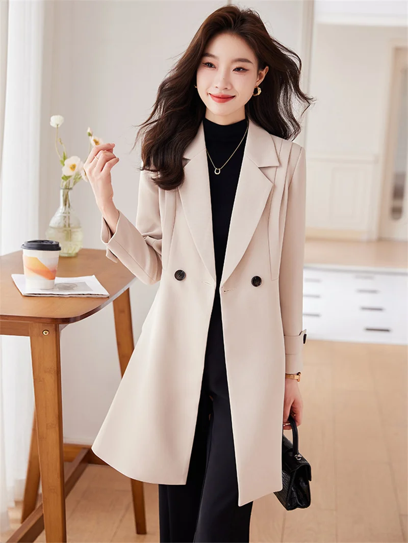 Autumn Winter Women Suit Coat New Solid Color Double Breasted Mid Long Windbreaker Female Outerwear Ladies Formal Office Blazer