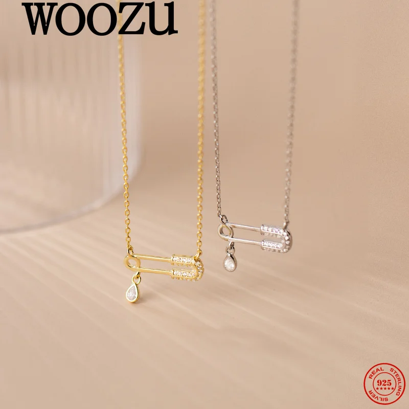 

WOOZU настоящее серебро 925, шикарный дизайн, скрепка для бумаг, кулон с цирконами, ожерелье для женщин, элегантные нежные модные украшения