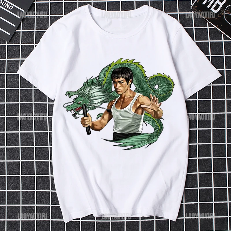 Classic Nostalgia  The Dragon T Shirt Men T-  Movie Kung Fu Brusli China Tee  Short Sleeve Tops Wide O-neck