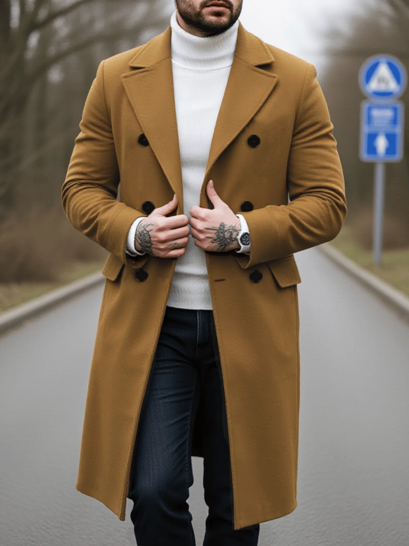 

Thickened Wool Blend Trench Coat Double-Breasted Business Style Windproof for Commute Casual