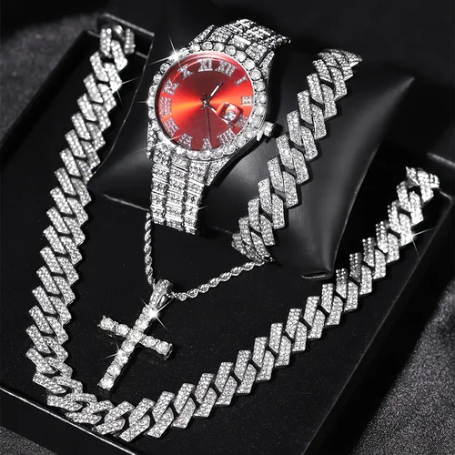Imagen 2 del producto 4 unids/set reloj de pulsera brillante para hombre y conjunto de collar de cadena cubana de Hip Hop-acentado con diamantes de imitación, esfera redonda, movimiento electrónico de cuarzo