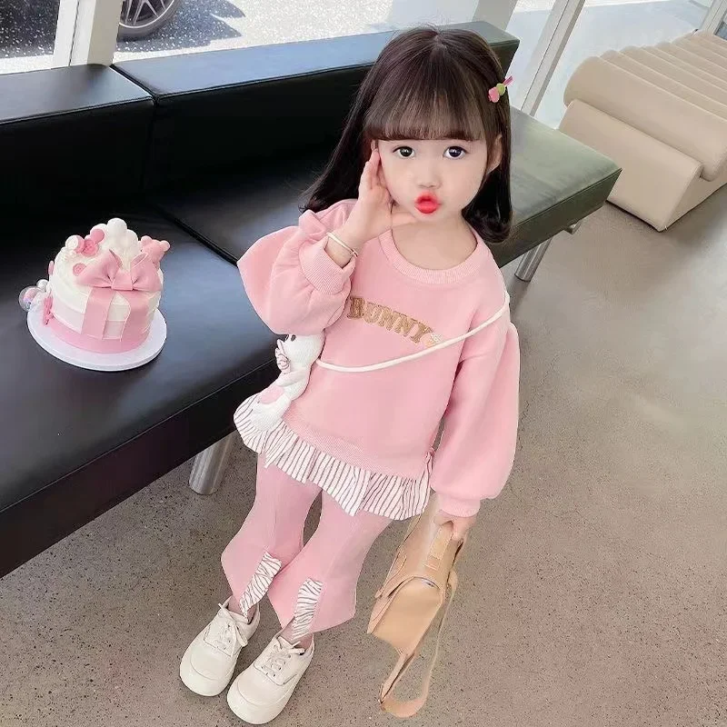 Set pakaian sweter anak perempuan, setelan baju Sweater katun murni, celana Flare kasual dua potong, Set lengan panjang Barat, mode musim semi dan musim gugur untuk anak perempuan