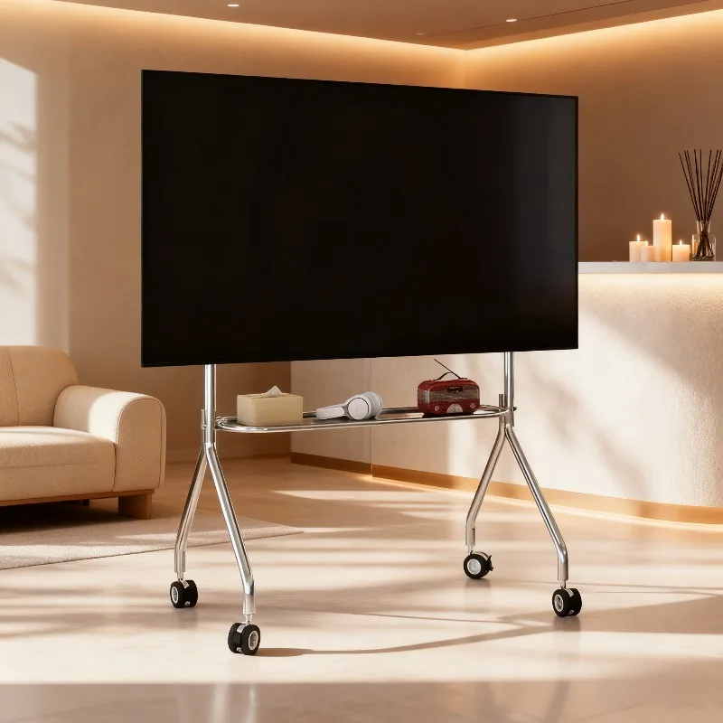 Supports TV nordiques multifonctionnels en acier inoxydable, meuble TV Mobile avec panneau perforé, Structure robuste en forme de Y 360 °   Roues pivotantes