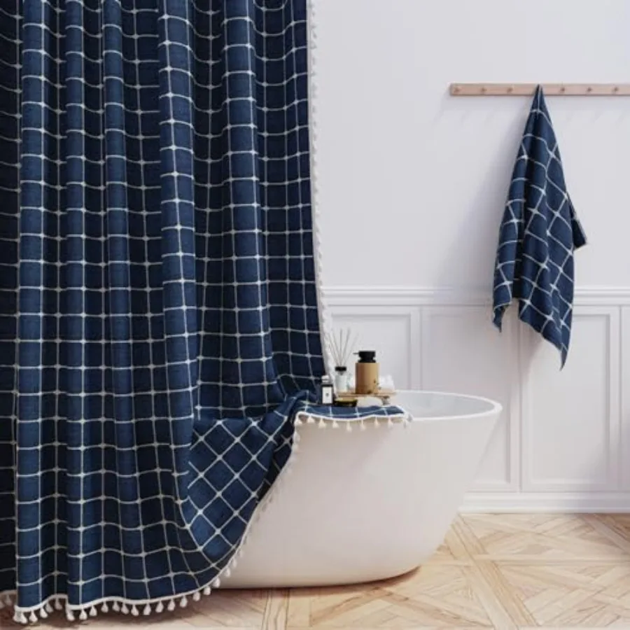 

Extra Long Shower Curtain - 72x84 Inch Long Boho Chic Tassel Linen Fabric Shower Curtain Set with Hooks, Tall Modern Farmhouse