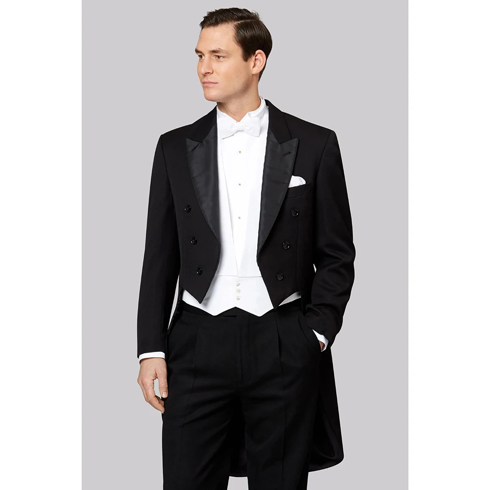 

Classic Black Men Tailcoat Suit 3 Piece Jacket Pants White Vest Romantic Wedding Party Groom Slim Fit Trajes Para Hombre