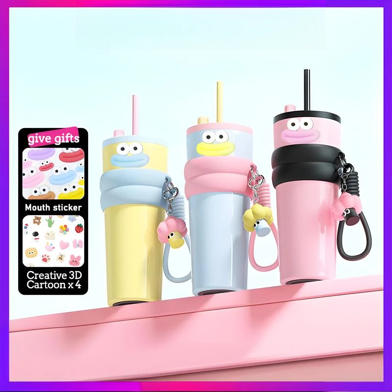 

24oz Straw Thermos Portable Stainless Steel Insulated Tumbler Water Bottle Cold Cup With Lanyard Cars Coffee Cup Bubble Tea Cup