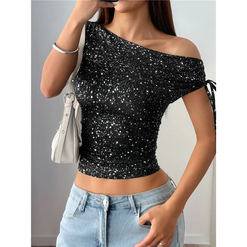 

ABRT-One Shoulder Sequin Sparkly Tops For Women Ruched Asymmetrical Glitter Tops Slimming Party Shirts