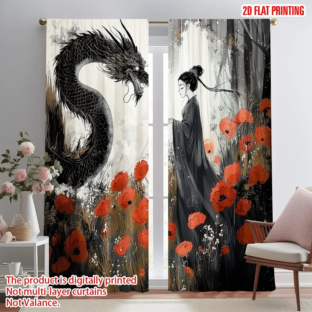 2pcs 2D flat printing Party Curtains Japanese anime wind China female dragon Versatile Polyester Without Electricity Family