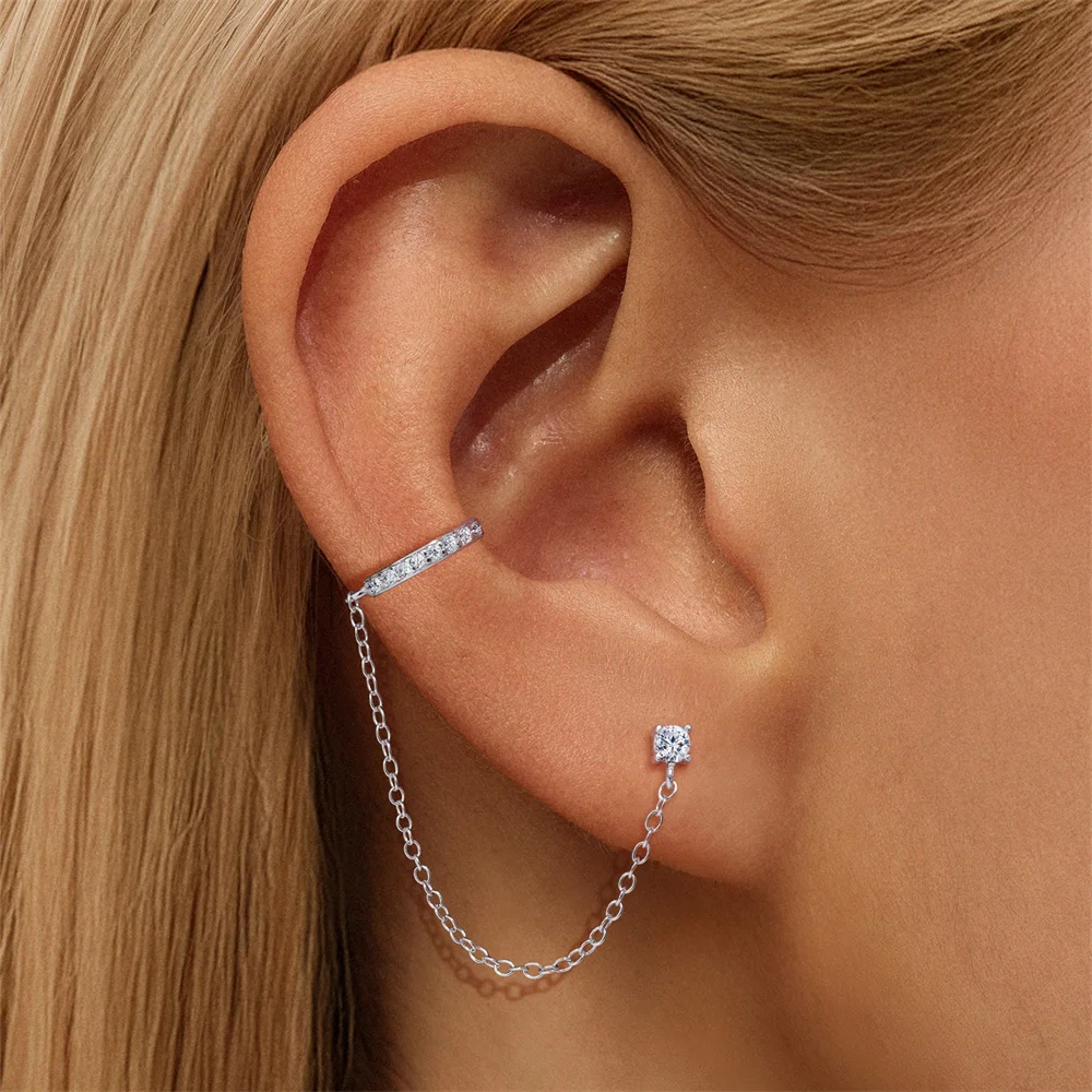 Aide 1pc S925 Sterling Silver Delicate Moissanite Chain Ear Cuff Connected Cartilage Stud Earring Perfect Birthday Gift for Her