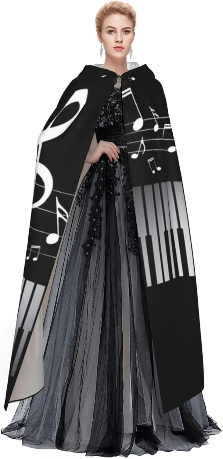 Piano Pattern HD Printed Hooded Cape Witch Medieval Costume Cosplay Halloween Vampire Cloak Fashion Unisex Clothing