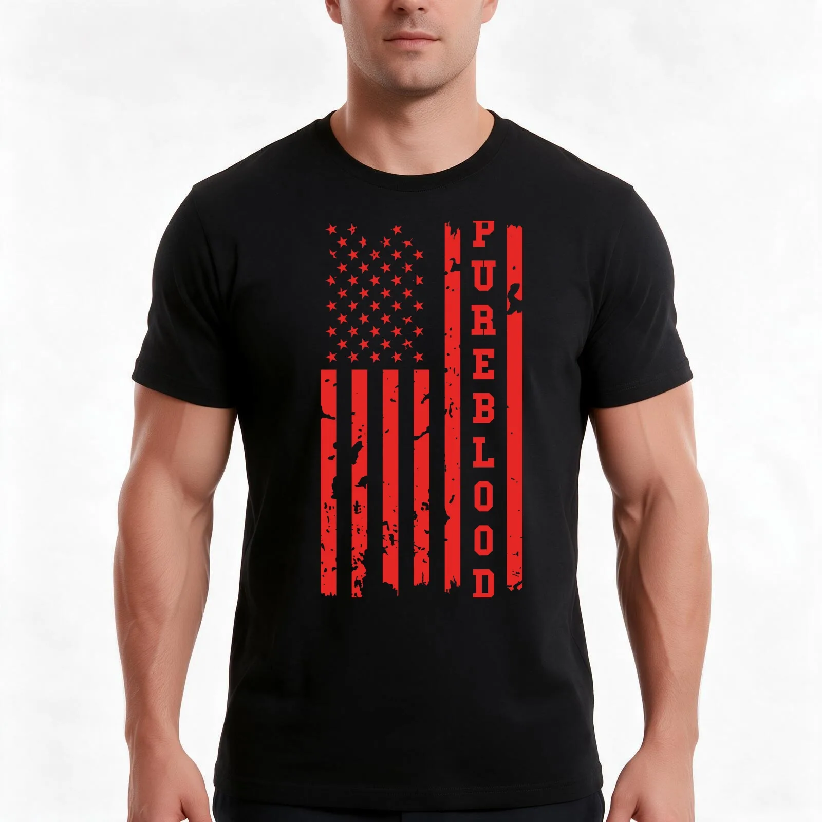 Pureblood Distressed American Flag T-Shirt, Summer Casual Cotton Tee, Oversized Streetwear Tops, Vintage Graphic Print