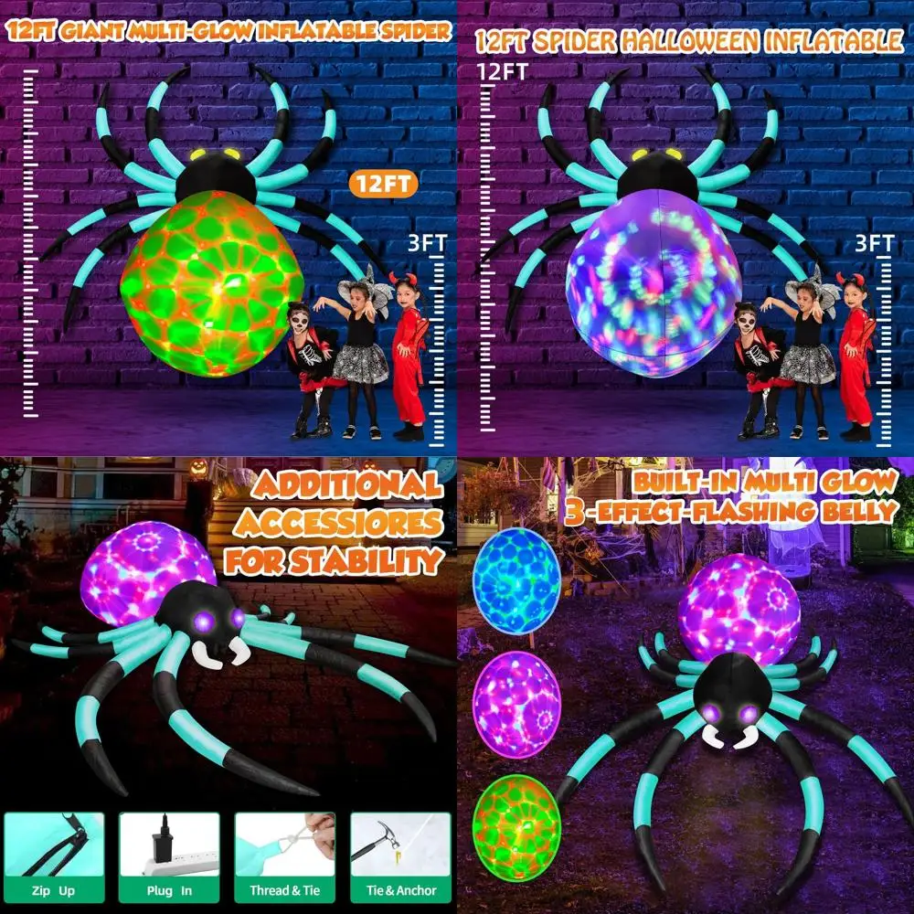 

Giant 12 Ft Halloween Spider Inflatable with Color-Shifting Eyes and Flashing Belly, Outdoor Large Yard Decorations for Holiday