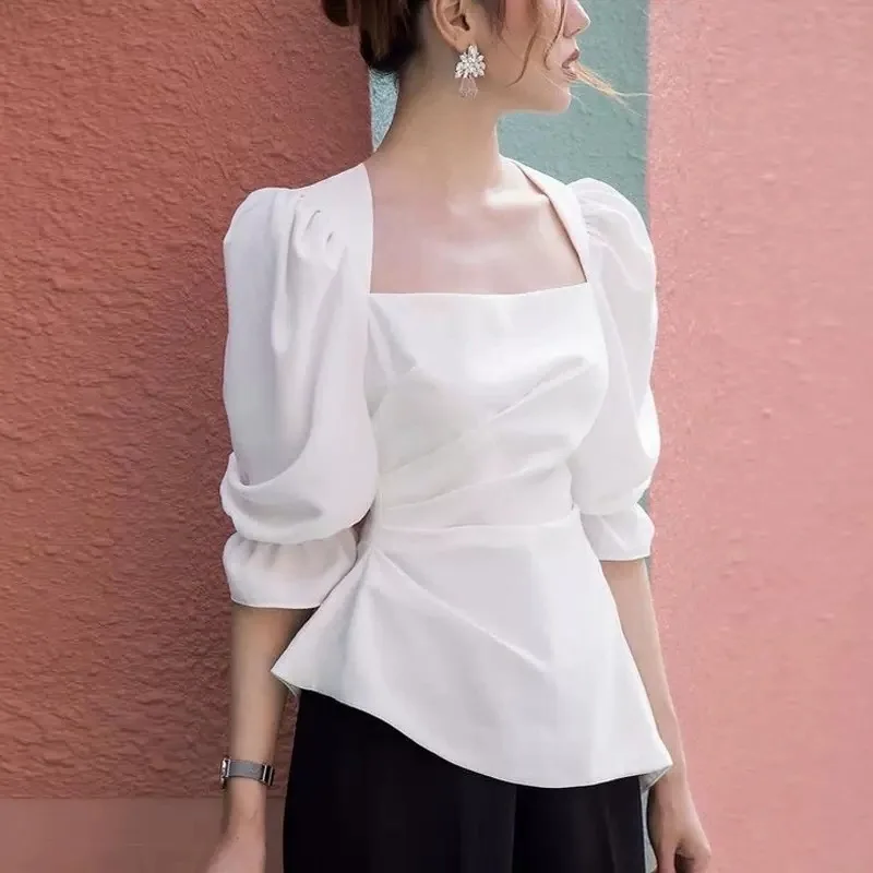 2023 Summer New Design Sense One Shoulder Bubble Sleeve Square Neck Temperament White Shirt Female