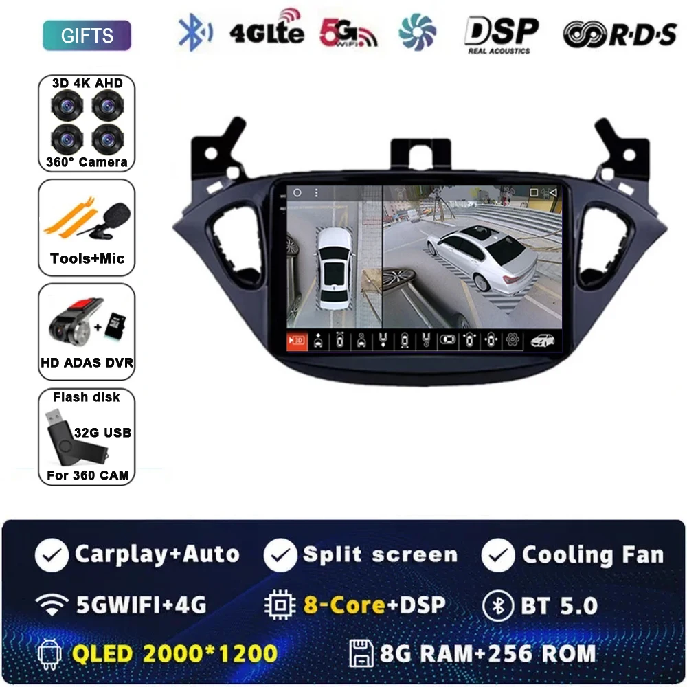 Android 16 autoradio, multimediasysteem, GPS-navigatie, stereosysteem, Carplay Auto voor Opel Corsa E 2014 2015 2016 2017 2018 2019