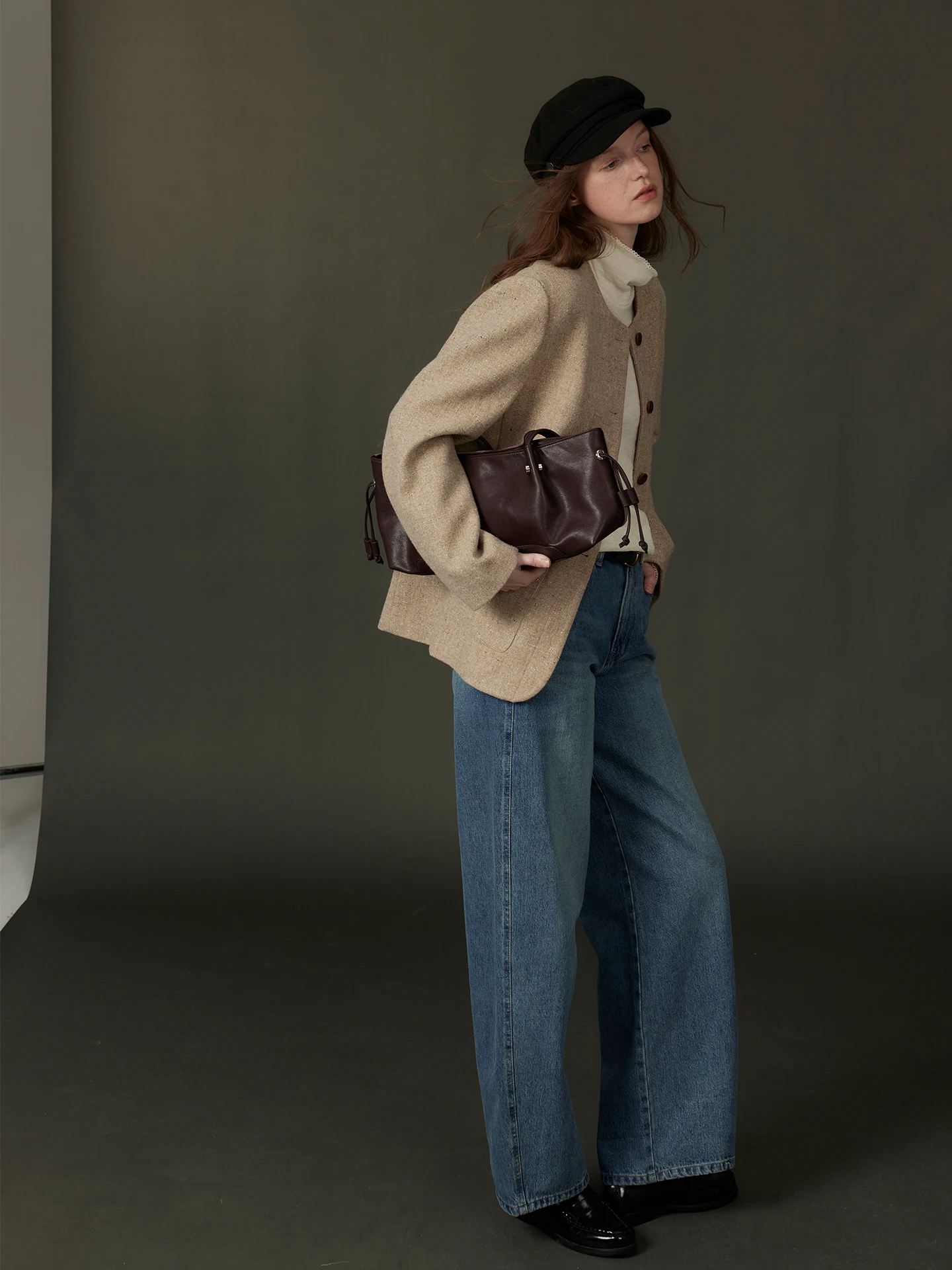 Moofeel Woolen Tweed Jacket round Neck Minimalist Retro Style Women's Suit Coat Thickened Long Sleeve Winter Fashion