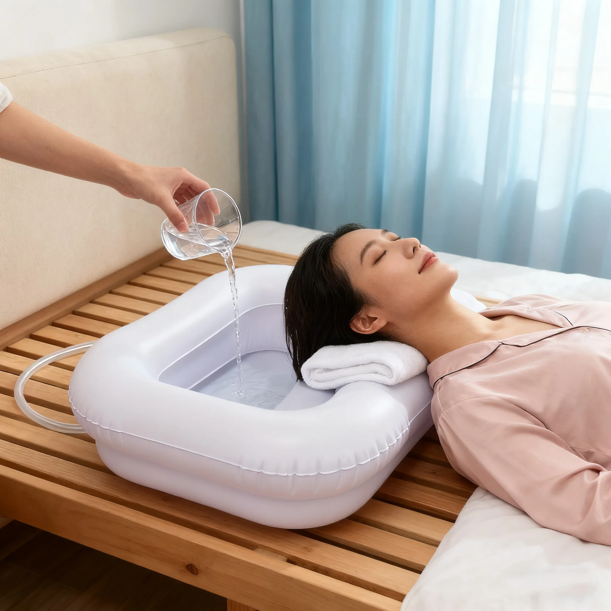 Inflatable Shampoo Basin, Portable Inflatable Shampoo Bowl with Neck Support and Drain Pipe, Suitable for the Elderly, Disabled, Pregnant Women, and Injured People (Color: White)