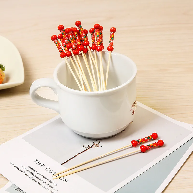 Disposable fruit fork, bamboo double bead string, fruit stick, bamboo stick, creative decoration, fashionable pastry fork