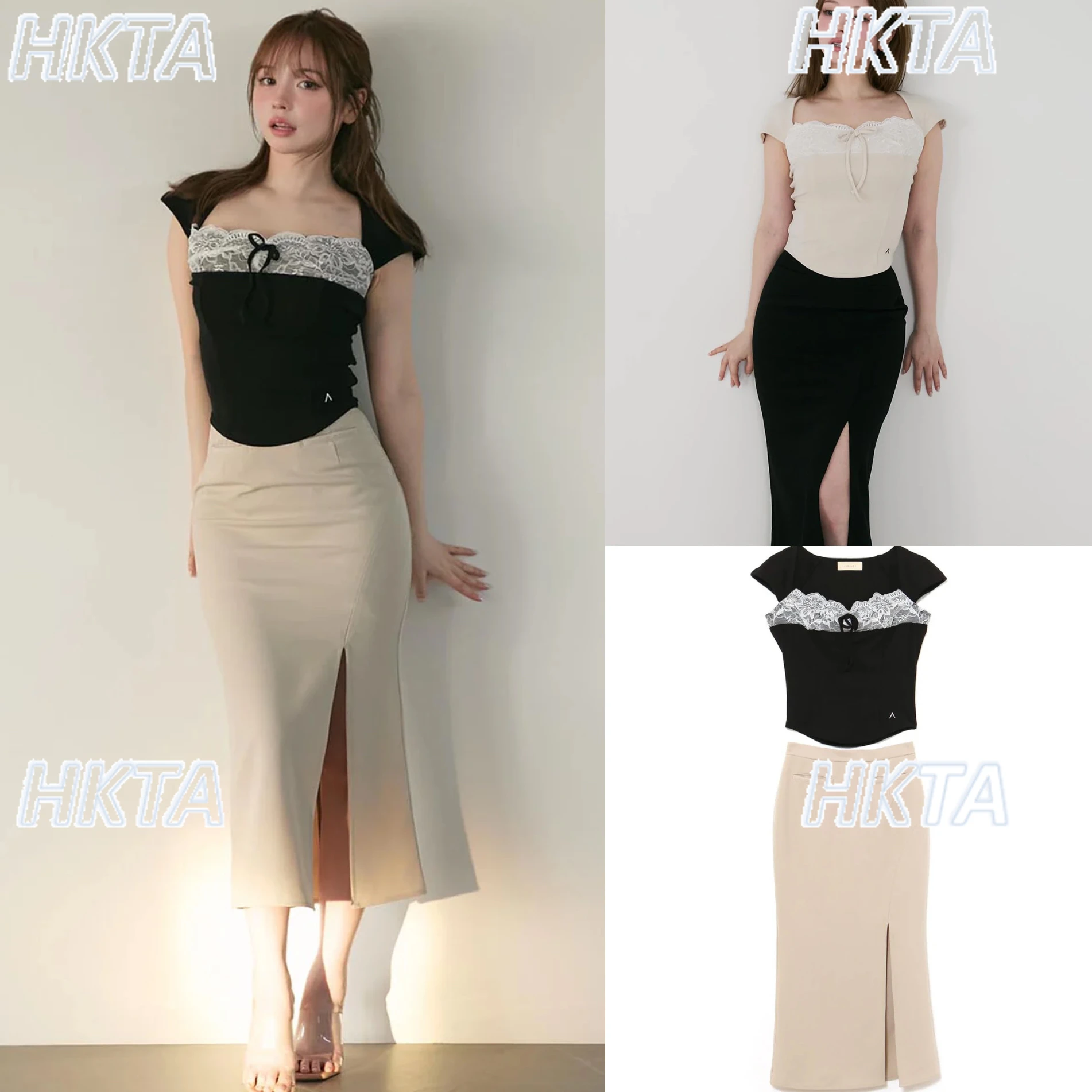 

Japanese Sweet Elegant Lace Slim Fit Hot Girl Short Sleeve Square Neck Black Tshirt Top Summer Hip Wrap Waist Skirt Set Women