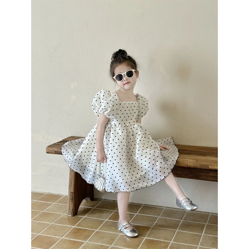 

Children Fashionable Dress Girls' Clothing2024Summer New Dot Short Sleeve Princess Dress Children