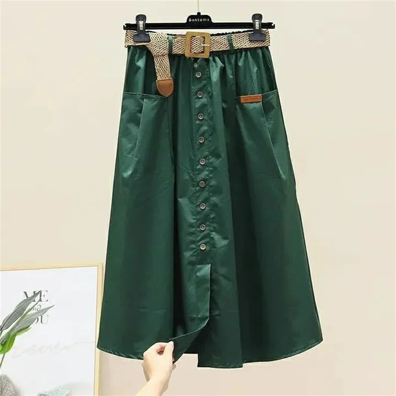 

Cotton Skirt Women's 2022 Spring Autumn New High-Waisted A-line Skirt All-Match Thin And Medium-Length Slit Umbrella Skirt For Q