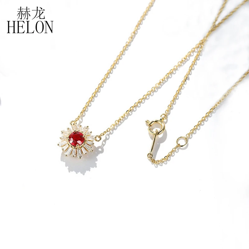 HELON Real 18K Yellow Gold Round Gemstone Ruby/Sapphire/Emerald/Pink Sapphire Diamonds Necklace Pendant Women Best Birthday Gift