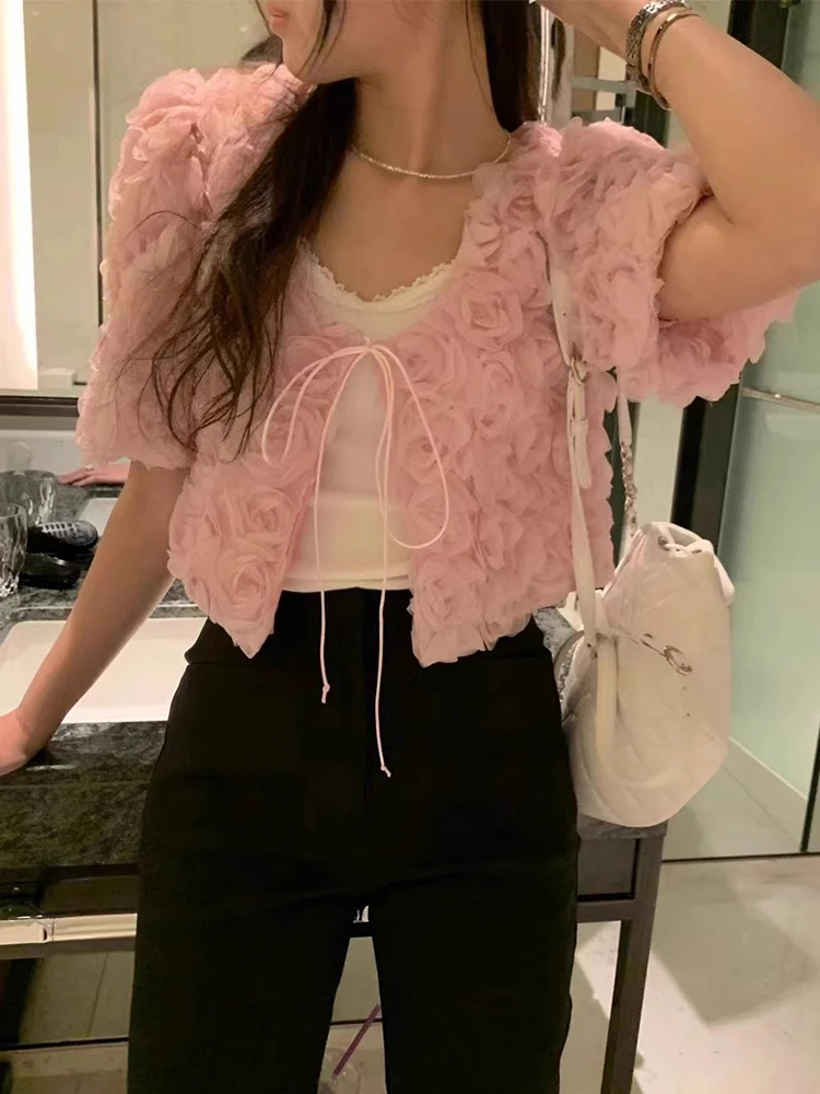 V-neck Heavy 3D Rose Jacquard Loose Versatile Lace Up Short Coat Women Clothing Chaquetas Para Mujer Floral Shirts Crop Top