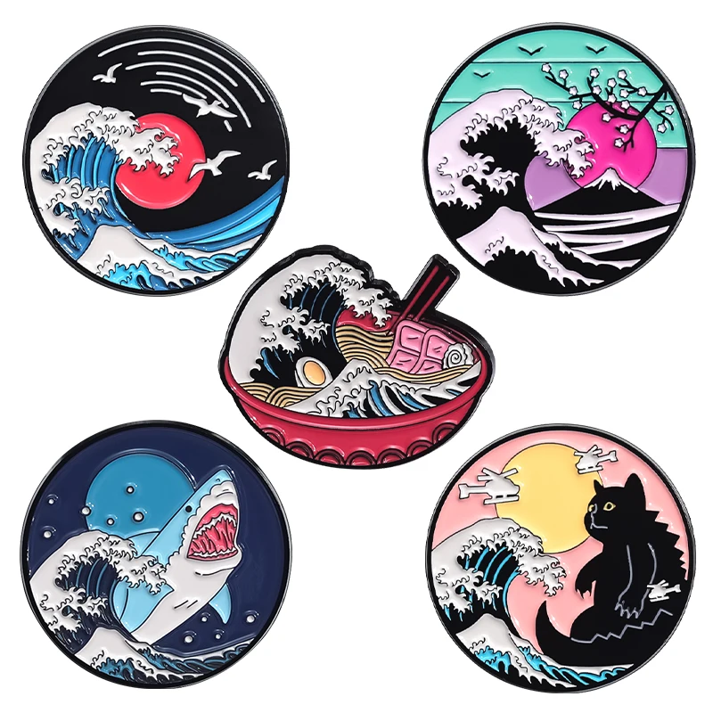 Ukiyo-e Style Wave Enamel Pin Custom Ramen Shark Cat Vinyl Records Mount Fuji Brooch Lapel Badge Accessory Jewelry Gift Friends