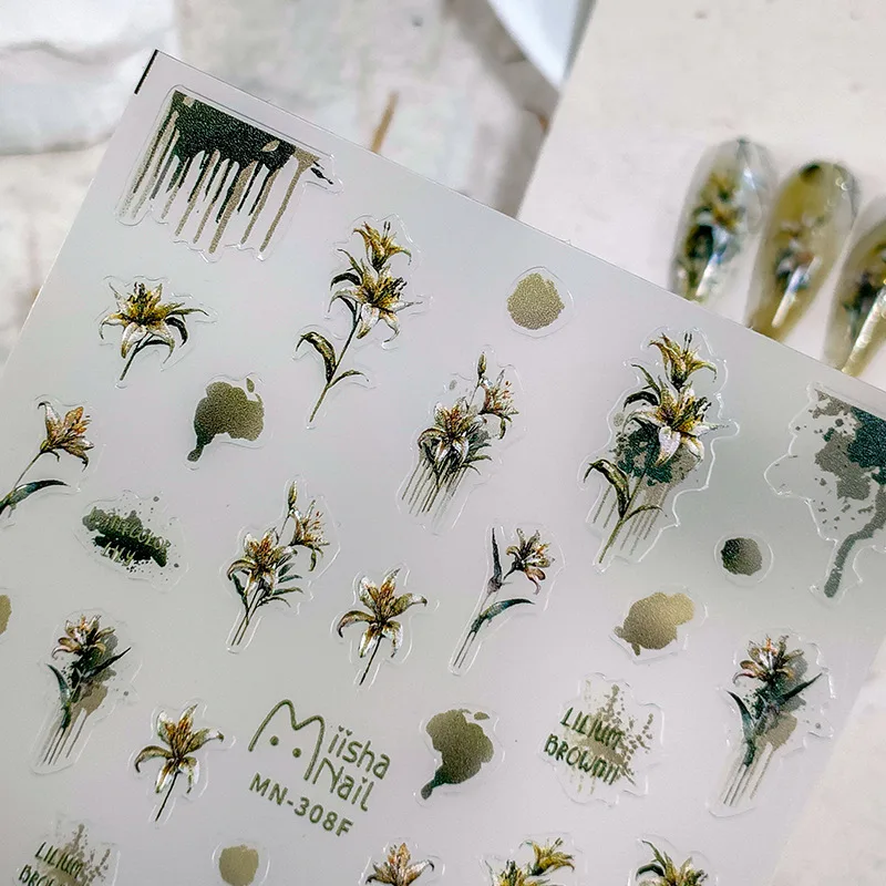 1 pc 5D lily nail sticker frosted cute new process black and white embossed butterfly adhesive nail sticker cartoon nail sticker