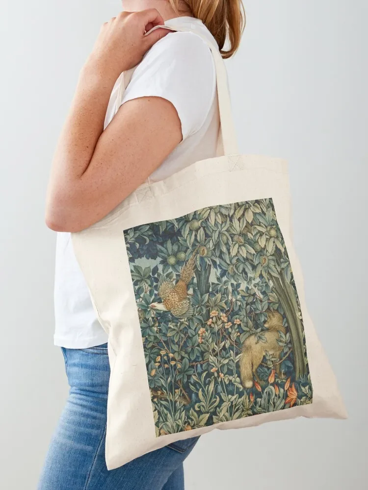 

GREENERY, FOREST ANIMALS Pheasant and Fox Blue Green Floral Tapestry Tote Bag shopping bag shopping bag logo Big