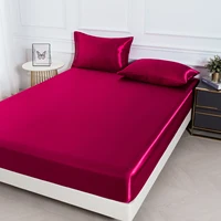 3pc Solid Color Fitted Sheet Set 1 bed sheet with 2 pillow cover Satin Fabric Soft Comfortable Breathble Bedding Set for Bedroom 2