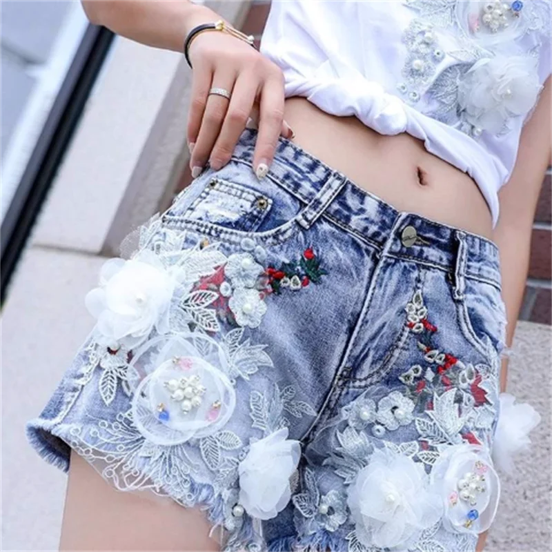 Fashion New Women's Spliced 3D Embroidery Flower A-line Denim Shorts 2025 Summer Trendy A-line Short Pants Female
