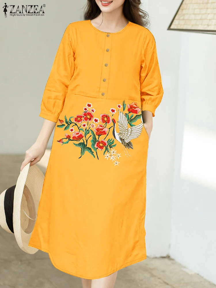 ZANZEA-túnicas acampanadas con estampado Floral y grulla para mujer, vestido informal holgado Vintage con manga 3/4 para el día de verano 2025, Vestidos por debajo de la rodilla
