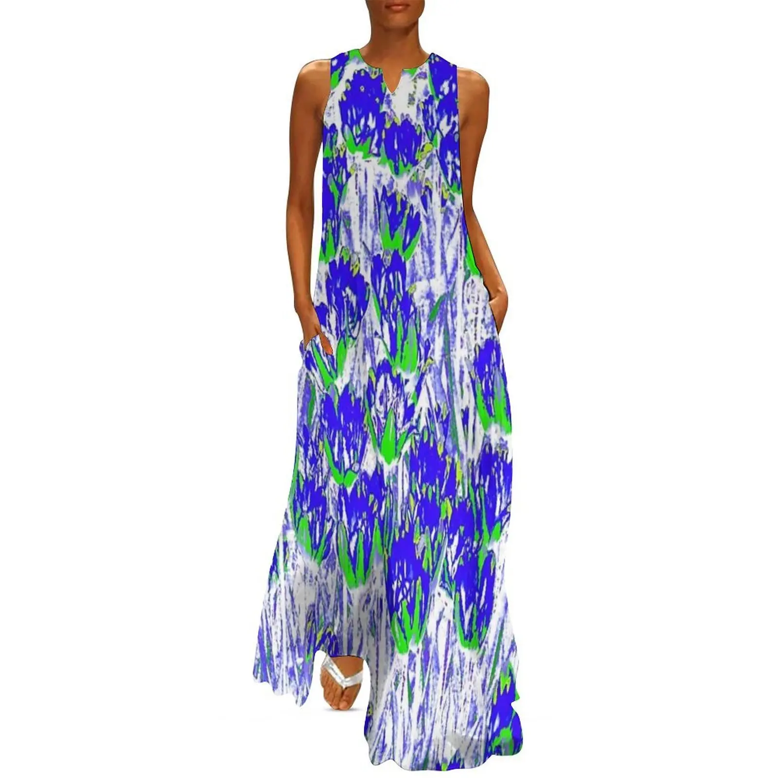 

Floral Abstract Motives with Blooming Blue and Green Tulips Long Dress women's summer dress 2025 luxury evening dresses 2025