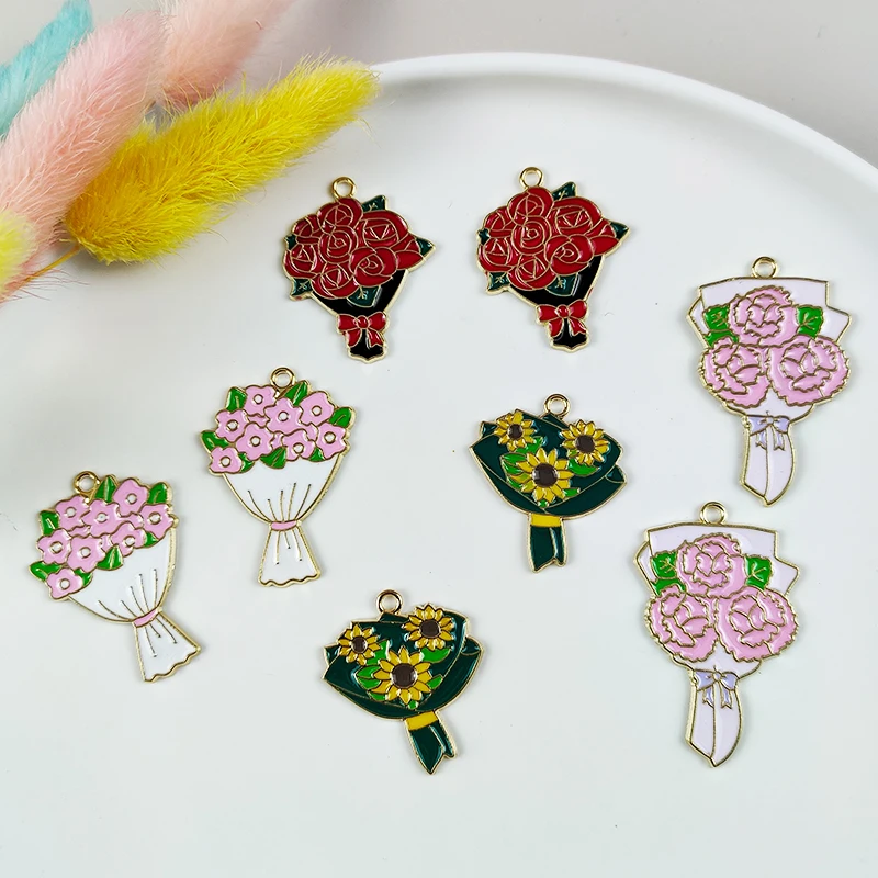 10pcs/lot Diy Gold Alloy Enamel bouquet of flowers Enamel Charms Metal Pendants for wedding Bracelet Earring Jewelry Making