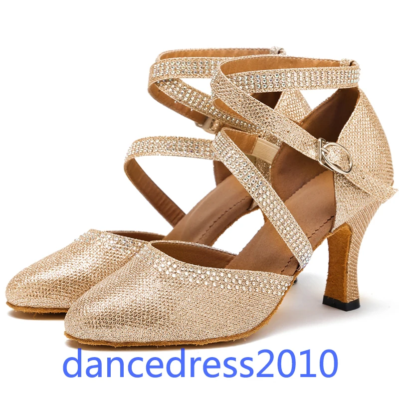 Professional Latin Modern Dance Shoes with Diamonds Women Party Ballroom Tango Rumba Salsa Dancing Heeled Shoe Suede Sole Heels