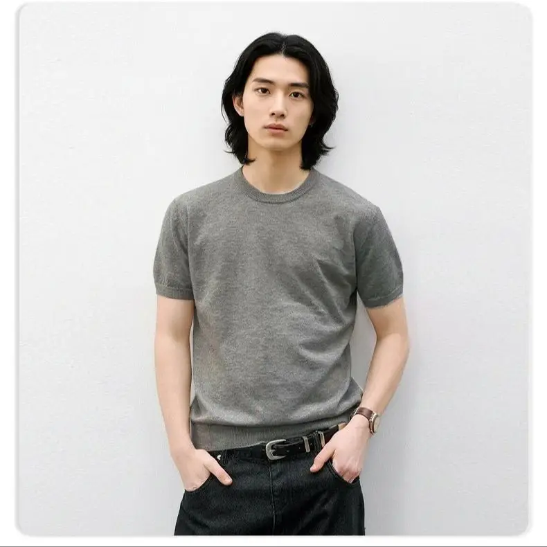 

Retro Knitted Crew-Neck Short-Sleeved Unisex Loose-Fit Solid-Colour Brushed Ribbed T-Shirt Casual Slim-Fit Soft Breathable