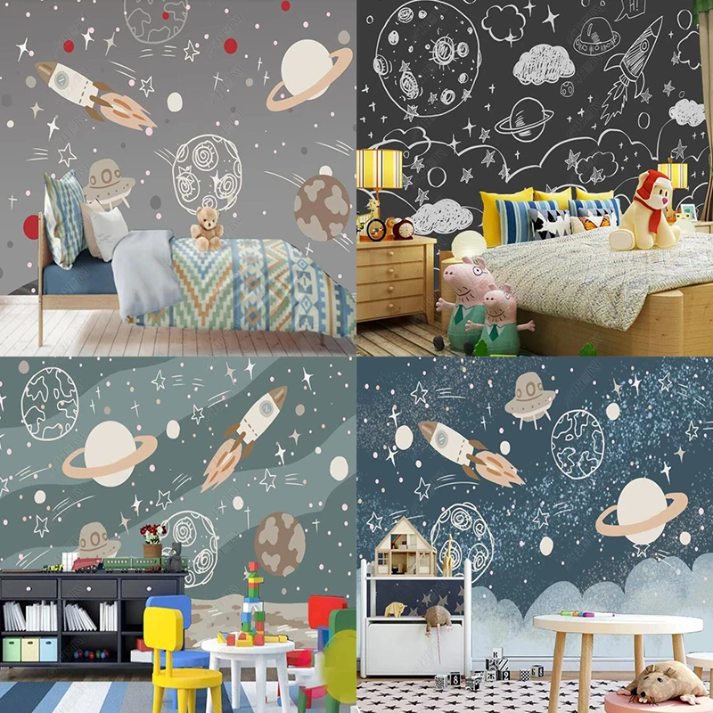 

Hand-painted Children's Room Cartoon Universe Space Planet Spacecraft Custom Mural Home Decor 3D Wall Paper Kids Room Swallpaper