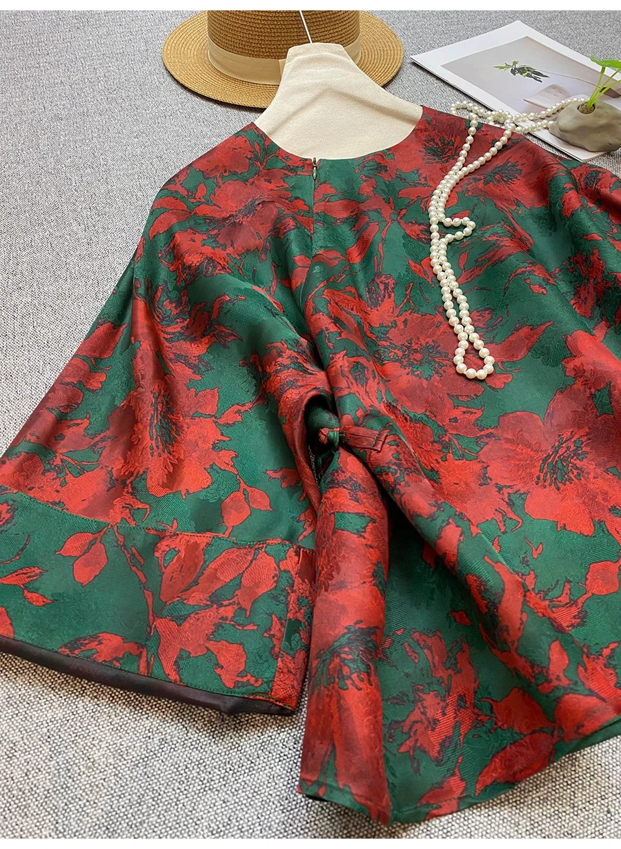 Spring and Autumn New O-Neck+Diagonal Zipper Horn Sleeve Retro Style Elegant Silk Fabric Printed Women's Shirt S-L