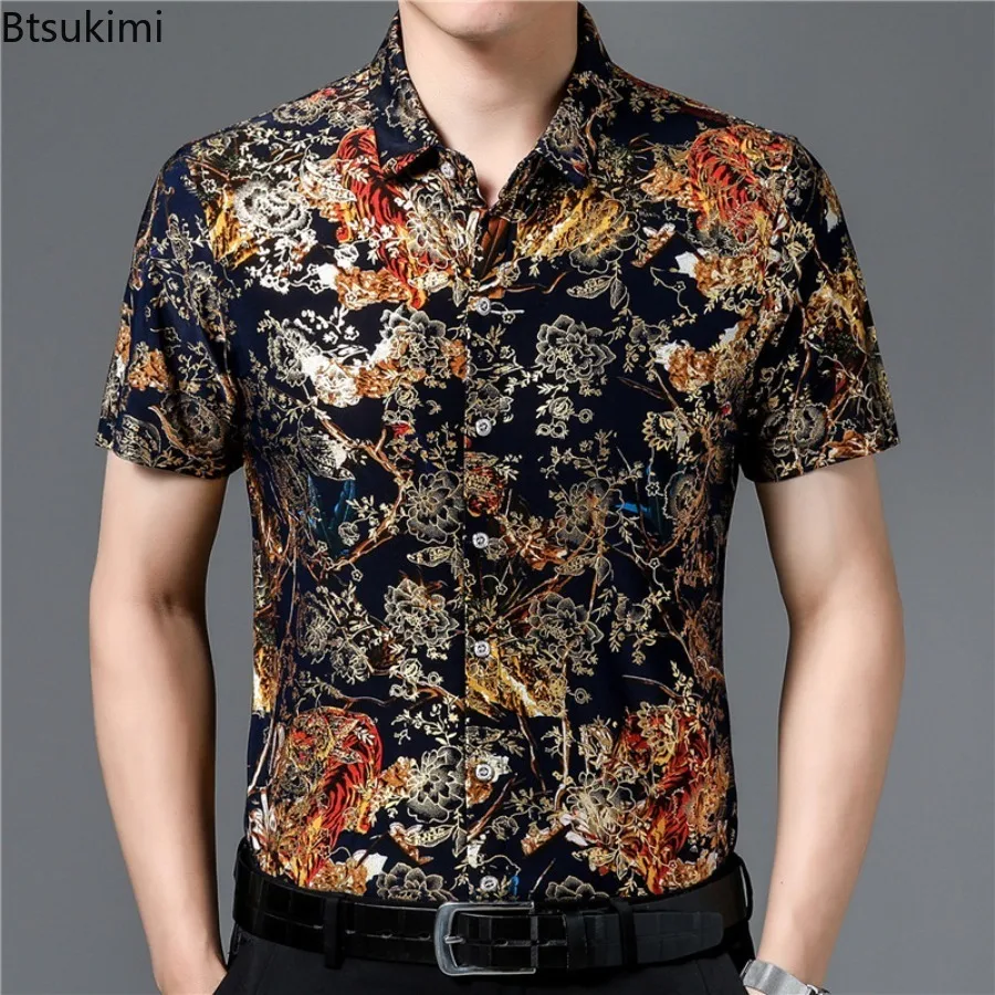 

Fashion Vintage Men's Short Sleeve Print Shirt Summer Ice Silk Loose Casual Non-ironing Shirt 2025 Trend Versatile Korean Blouse
