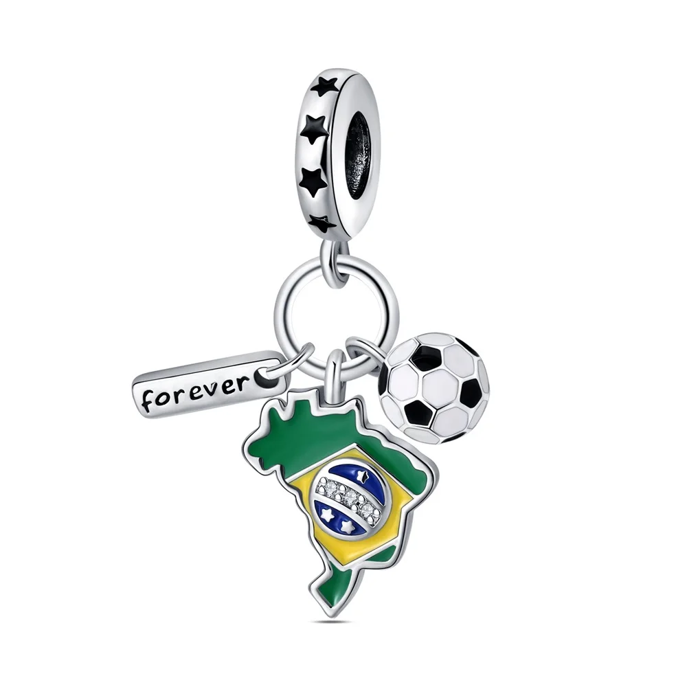 Unique 925 Sterling Silver Brazilian Football Nameplate Charm Fit Pandora Bracelet Women's Football Game Jewelry Accessory